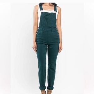 JUDY BLUE TEAL GARMENT DYED HIGH RISE DOUBLE CUFFED OVERALLS LARGE